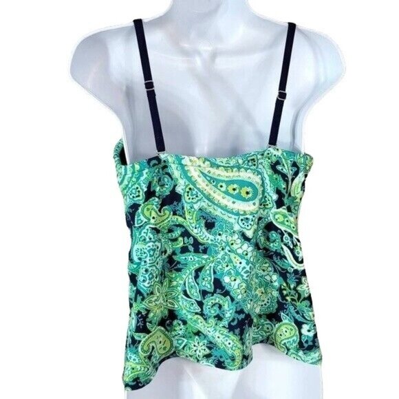 Lands' End Underwire Tankini Green Blue Size 8 Ruched Tie Adjust Padded Paisley - Picture 4 of 7